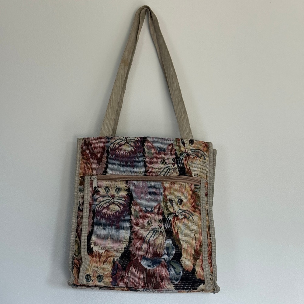 Vintage Tapestry Cat Print Tote Bag Woven Shoulder Bag Brown Tan Multi Kitsch